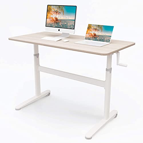 Win Up Time Manual Standing Desk Adjustable Height- Crank Standing Desk 48 x 24 Inches Sit Stand Desk Frame & Top, Stand Up Desk on Wheels, Computer Desk White Frame & Maple