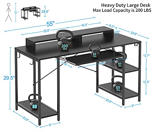 HYPIGO Computer Desk with Keyboard Tray, 55 inch Industrial Home Office Desk W/ Storage Shelves Monitor Stand Headset Hooks Study Writing Desk Workstation for Small Space Bedroom Easy Assembly,Black