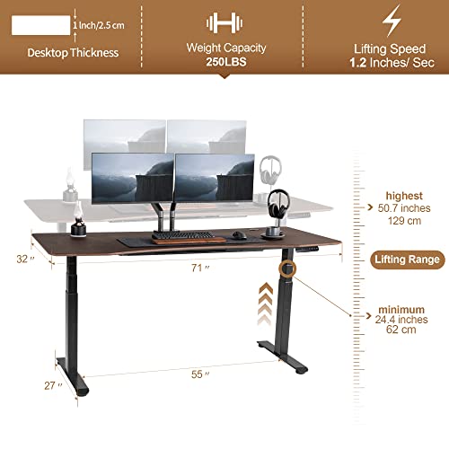 FinerCrafts Standing Desk 71 x 32 Inches Dual-Motor Height Adjustable Desk Electric Sit Stand Desk Home Office Desks Whole Piece Desk Board (English Walnut Desktop/Black Frame)