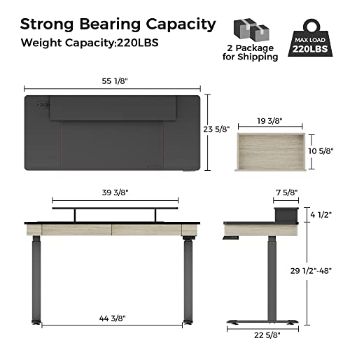 EUREKA ERGONOMIC Electric Standing Desk with Drawers, 55 Inch Dual Motor Height Adjustable Stand up Desk for Home Office with Built-in Outlet, Wireless Charger, USB Port, Whole-Piece Desktop, Oak Grey