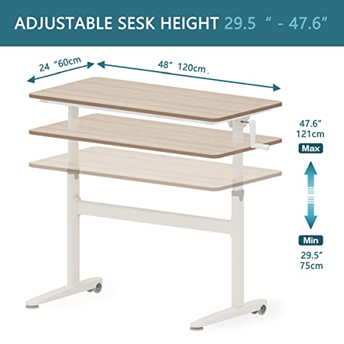 Win Up Time Manual Standing Desk Adjustable Height- Crank Standing Desk 48 x 24 Inches Sit Stand Desk Frame & Top, Stand Up Desk on Wheels, Computer Desk White Frame & Maple