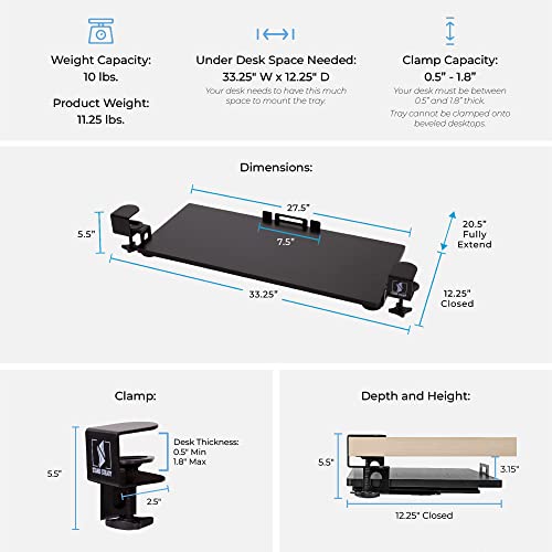 Stand Steady Premier Clamp-On Keyboard Tray | Extra Large 27-Inch Keyboard Shelf for Ergonomic Typing | Heavy Duty Wood Tray & Metal Frame | Sliding Desk Tray & Under Desk Drawer (Black) 