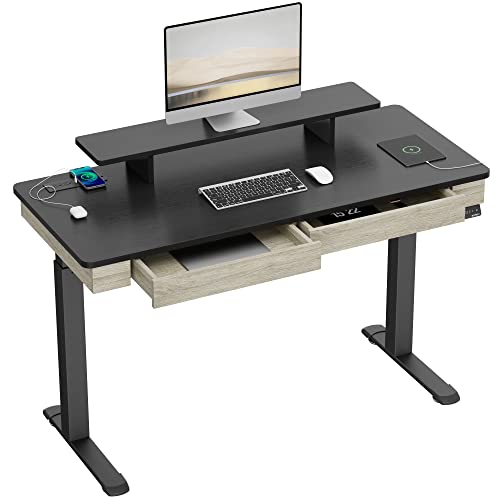 EUREKA ERGONOMIC Electric Standing Desk with Drawers, 55 Inch Dual Motor Height Adjustable Stand up Desk for Home Office with Built-in Outlet, Wireless Charger, USB Port, Whole-Piece Desktop, Oak Grey