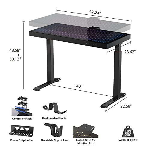 EUREKA ERGONOMIC Music Sensing RGB LED Lights Glass Gaming Standing Desk, Smart Dual Motor Electric Height Adjustable Home Office Computer Studio Gamer Table Gifts 47 Inch GTG w USB Ports, APP Control