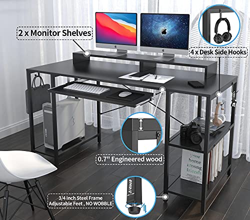 HYPIGO Computer Desk with Keyboard Tray, 55 inch Industrial Home Office Desk W/ Storage Shelves Monitor Stand Headset Hooks Study Writing Desk Workstation for Small Space Bedroom Easy Assembly,Black