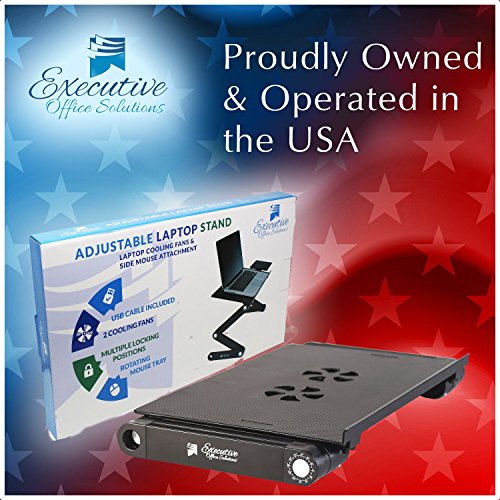 Executive Office Solutions Portable Adjustable Aluminum Laptop Desk/Stand/Table Vented w/CPU Fans Mouse Pad Side Mount-Notebook-MacBook-Light Weight Ergonomic TV Bed Lap Tray Stand Up/Sitting-Black