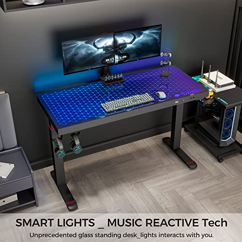 EUREKA ERGONOMIC Music Sensing RGB LED Lights Glass Gaming Standing Desk, Smart Dual Motor Electric Height Adjustable Home Office Computer Studio Gamer Table Gifts 47 Inch GTG w USB Ports, APP Control