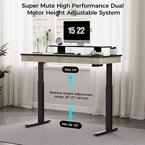 EUREKA ERGONOMIC Electric Standing Desk with Drawers, 55 Inch Dual Motor Height Adjustable Stand up Desk for Home Office with Built-in Outlet, Wireless Charger, USB Port, Whole-Piece Desktop, Oak Grey