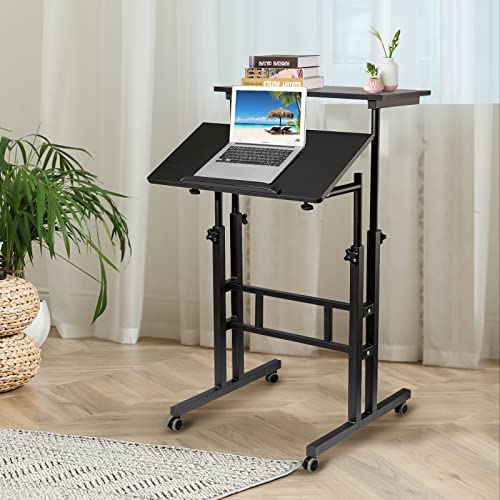 SIDUCAL Mobile Stand Up Desk, Adjustable Laptop Desk with Wheels Home Office Workstation, Rolling Desk Laptop Cart for Standing or Sitting, Black