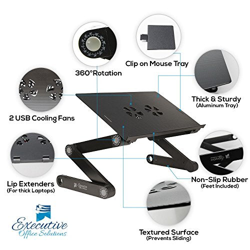 Executive Office Solutions Portable Adjustable Aluminum Laptop Desk/Stand/Table Vented w/CPU Fans Mouse Pad Side Mount-Notebook-MacBook-Light Weight Ergonomic TV Bed Lap Tray Stand Up/Sitting-Black